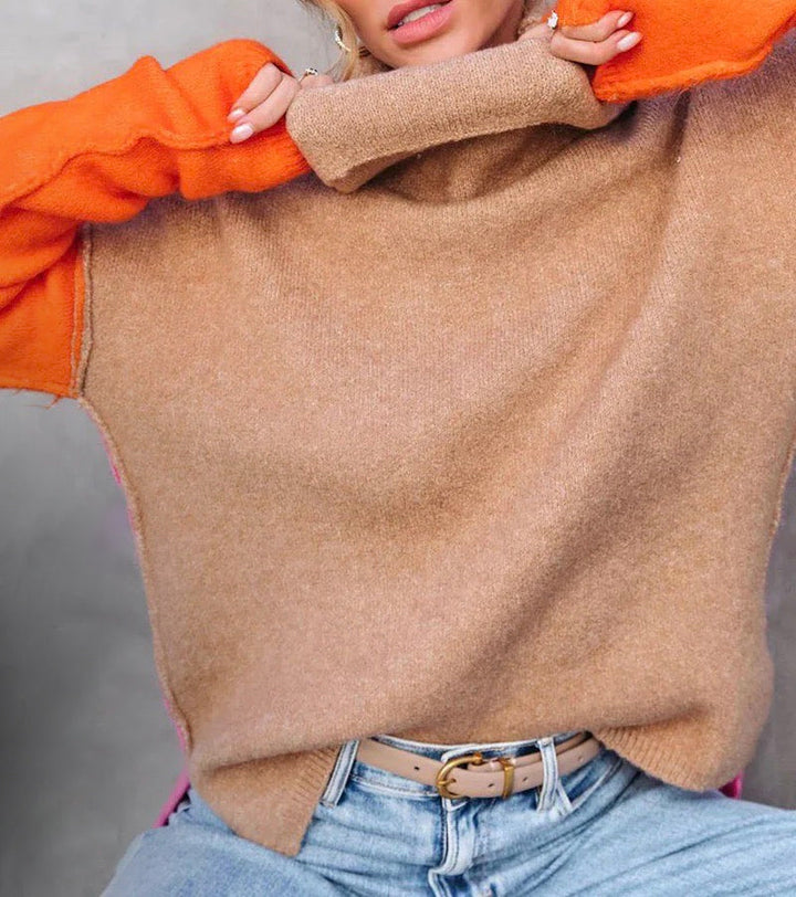 Multi-color block knitted sweater for women. Stylish long sleeve top, ideal for fall & winter.