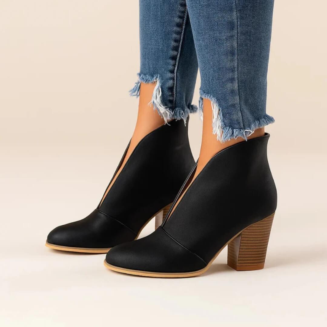 Comfortable women's ankle boots. Trendy slip-on booties, essential everyday shoes for stylish autumn & winter fashion.