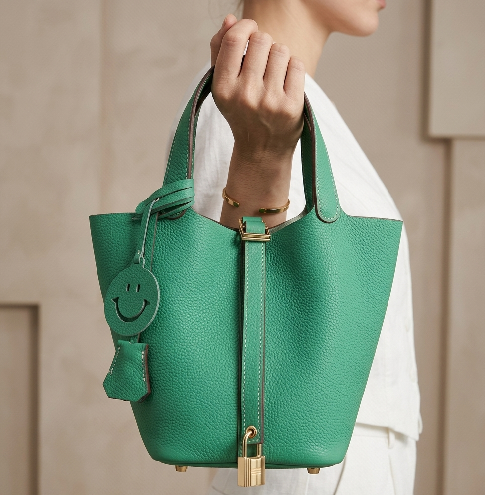Front view of a chic women's leather bucket bag, a versatile handbag with ample space for daily essentials.