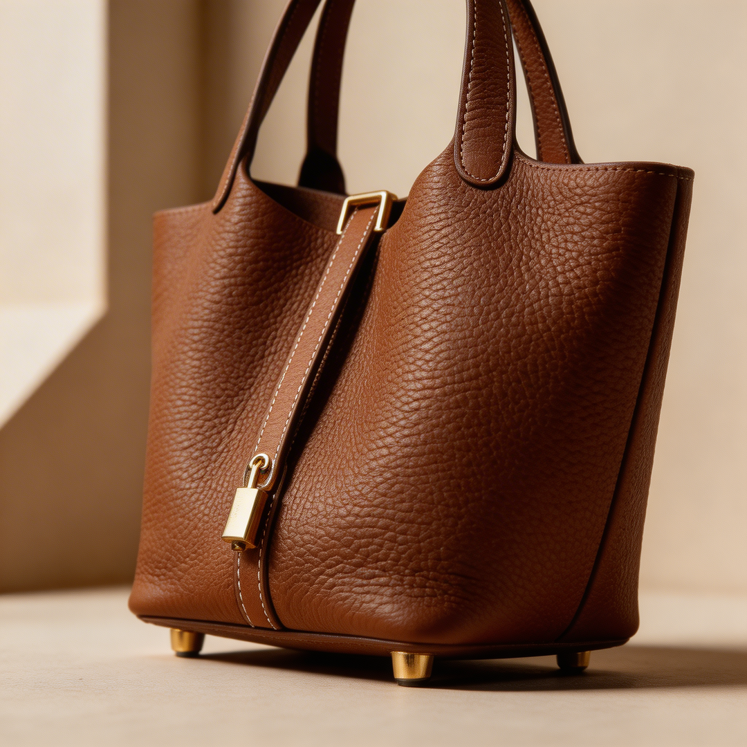 Elegant women's cowhide leather bucket bag, a fashionable accessory with sturdy gold hardware for everyday style.