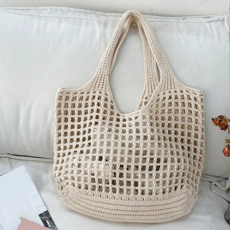 Large carryall crochet tote bag for women, ideal for groceries & casual outings.