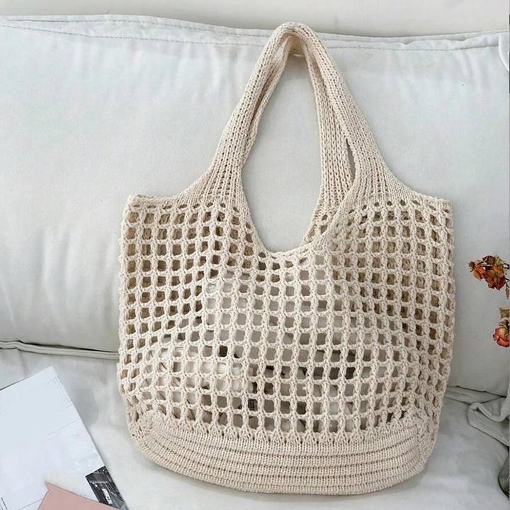 Large carryall crochet tote bag for women, ideal for groceries & casual outings.