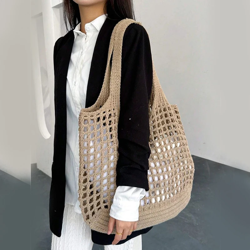 Beautifully crafted crochet woven tote bag, a unique women's handbag accessory.