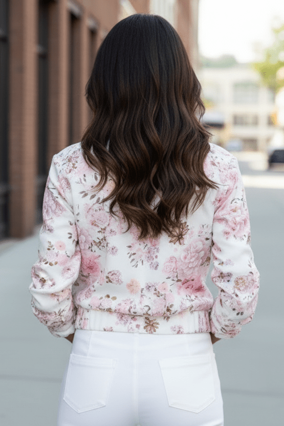 Comfort-fit women's floral stretch jacket. Stylish versatile layering piece, ideal for spring/fall active fashion.
