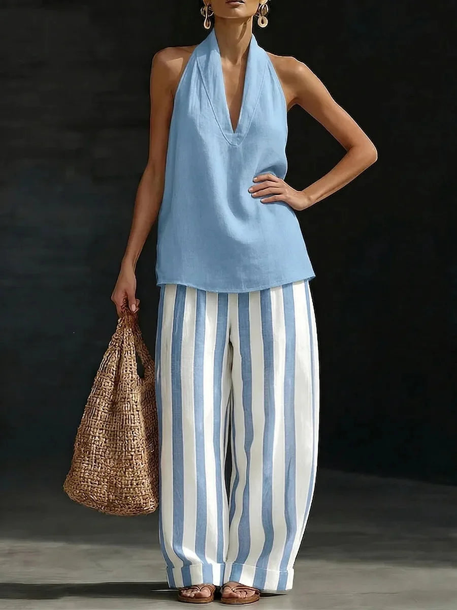 Women's stylish halter top & wide leg pants matching set. Perfect for summer casual wear.