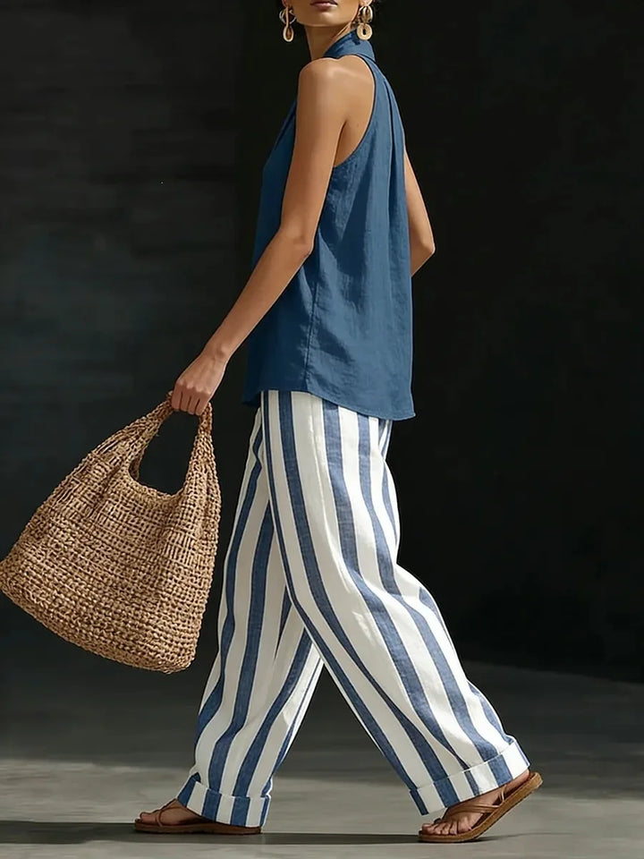 Relaxed fit women's halter top & wide leg pants matching set. Trendy summer fashion outfit.