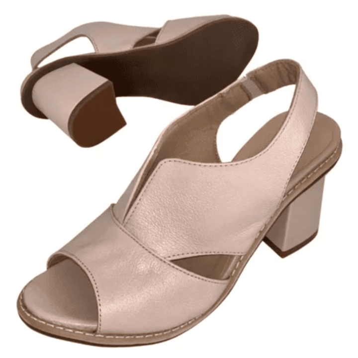 Women's versatile heeled leather sandals with adjustable strap and ergonomic comfort.
