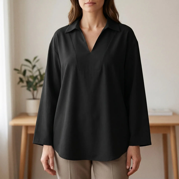 Women's stylish high-low tunic top with V-neck, long sleeves. Perfect for casual, effortless everyday wear.