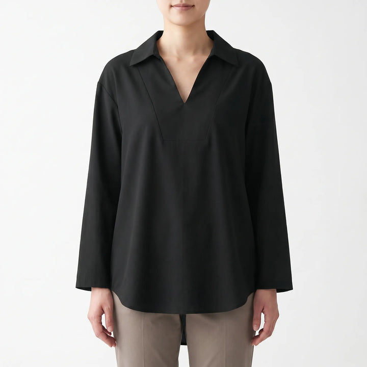 Versatile women's high-low tunic blouse. Loose fit, comfortable for smart casual, summer, or fall fashion.