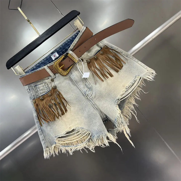 Trendy women's khaki fringe cut-off shorts, ideal for summer fashion & vacation style.