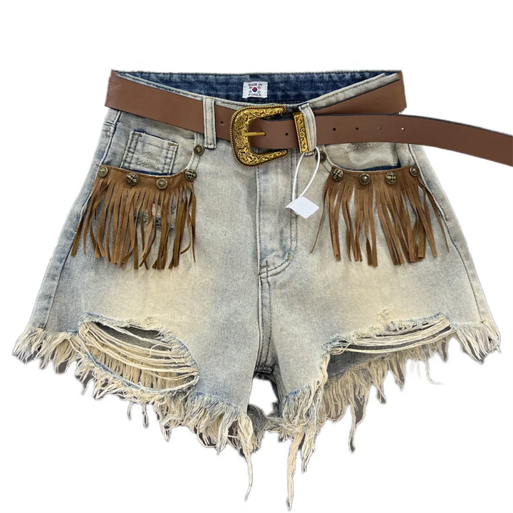 Womens khaki fringe cut-off shorts, featuring a trendy distressed hem. Great for summer fashion.