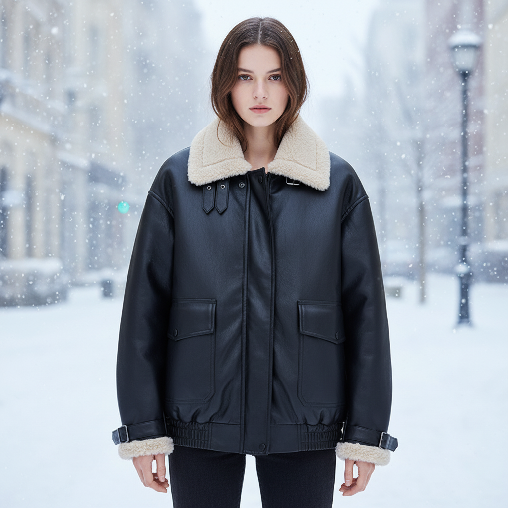 Women's stylish lambswool lined PU leather winter jacket, Gisela model, black, front view