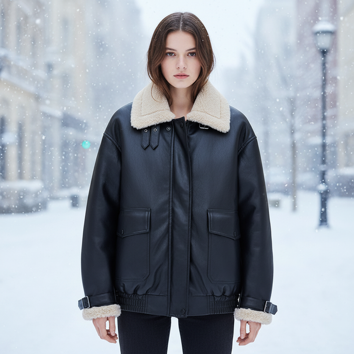 Women's stylish lambswool lined PU leather winter jacket, Gisela model, black, front view