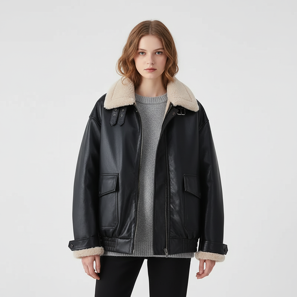 Warm women's faux leather winter coat with soft lambswool lining, stylish and modern, side view