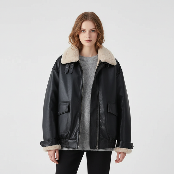 Warm women's faux leather winter coat with soft lambswool lining, stylish and modern, side view