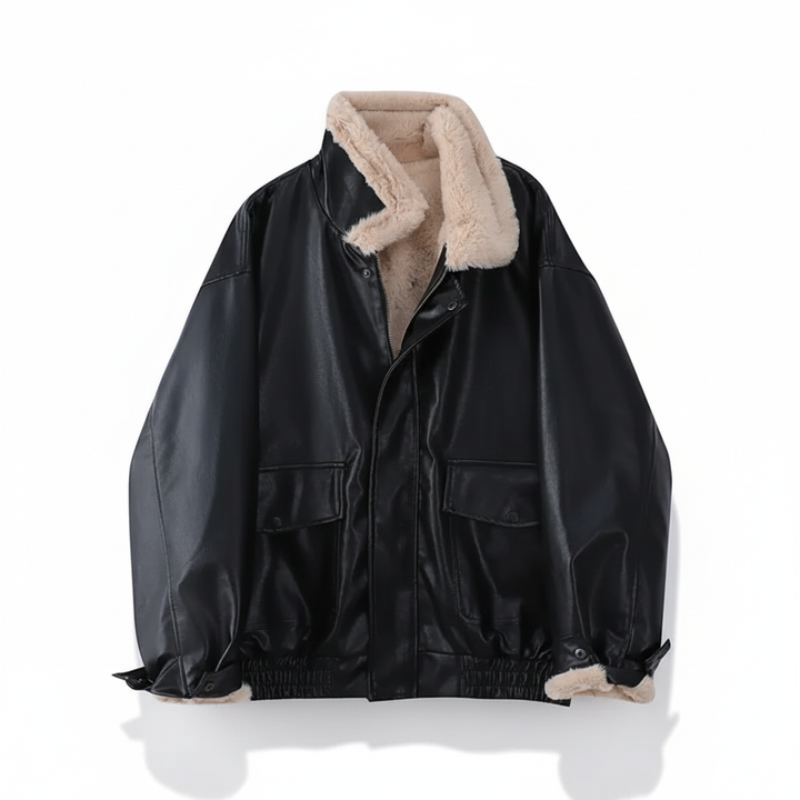 Modern women's outerwear: lambswool lined faux leather jacket, perfect for cold weather, front detail