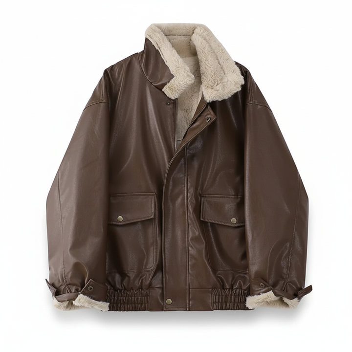 Fashionable women's winter jacket in PU leather with warm lambswool lining, comfortable and chic