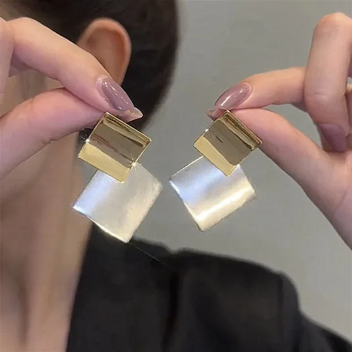 Women's stylish layered square clash earrings with modern two-tone silver & gold accents. Chic statement jewelry.
