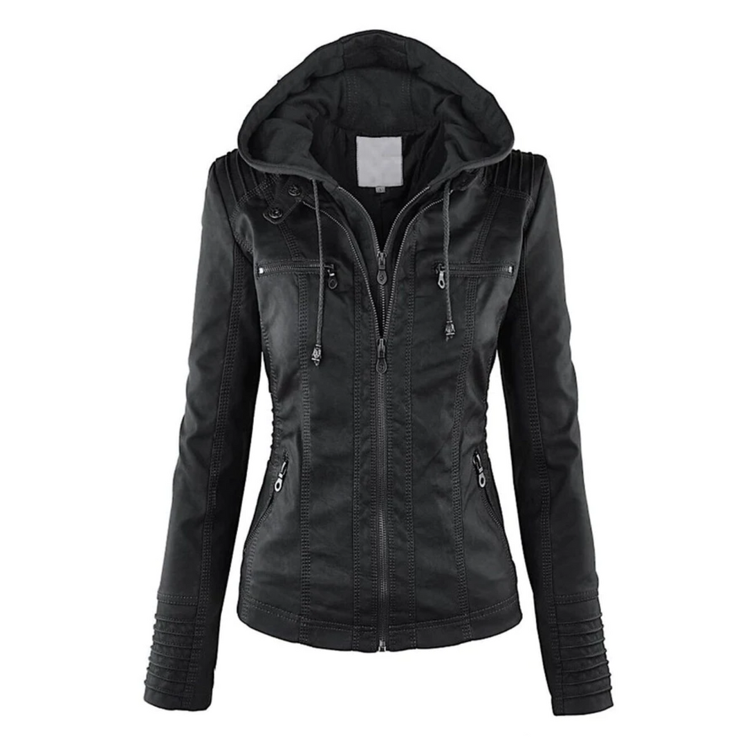 Women's stylish leather hooded everyday jacket. Perfect chic outerwear for versatile casual fashion.