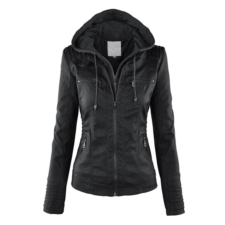 Women's stylish leather hooded everyday jacket. Perfect chic outerwear for versatile casual fashion.