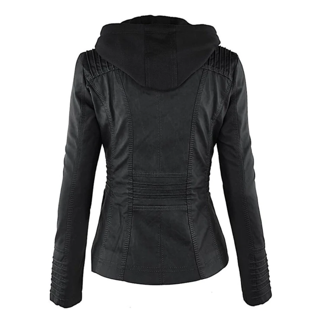 Chic women's Emma leather hooded jacket, an essential transitional piece for a modern versatile wardrobe.