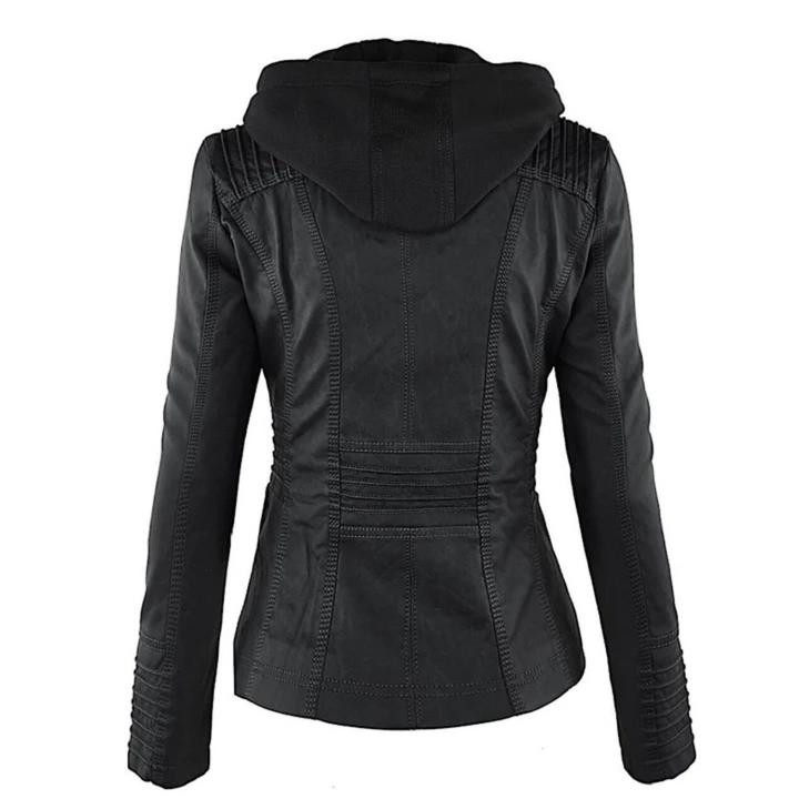 Chic women's Emma leather hooded jacket, an essential transitional piece for a modern versatile wardrobe.