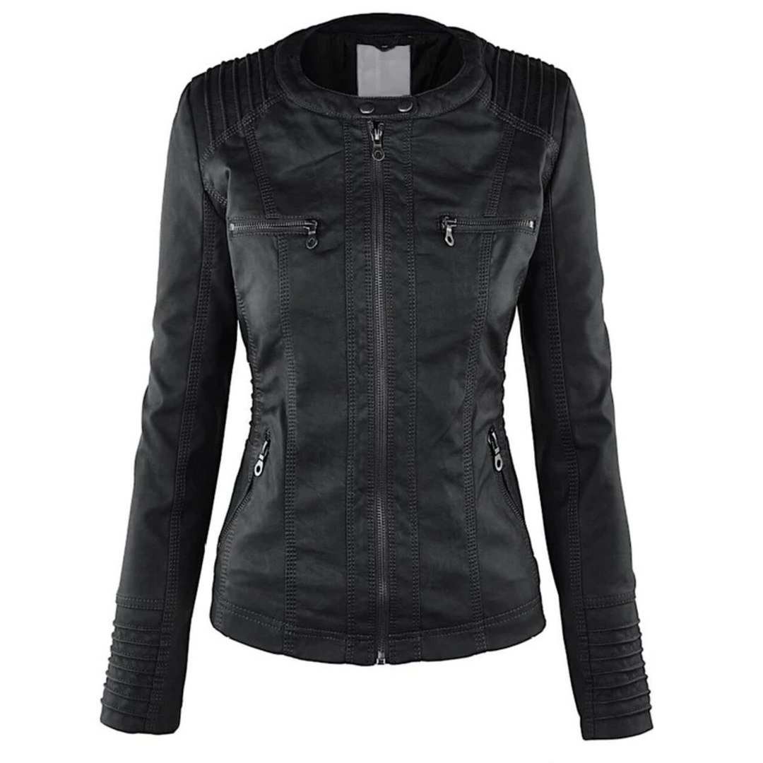 Stylish women's hooded leather jacket. Versatile casual outer layer for everyday fashion & comfort.
