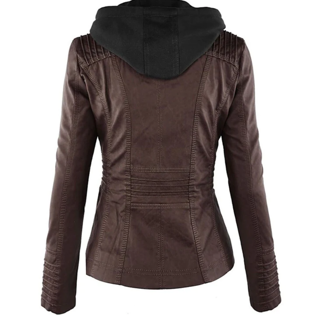 Modern women's leather hooded jacket, perfect everyday outerwear for chic and comfortable style.