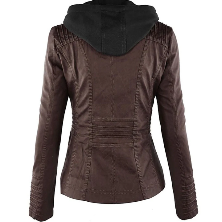 Modern women's leather hooded jacket, perfect everyday outerwear for chic and comfortable style.
