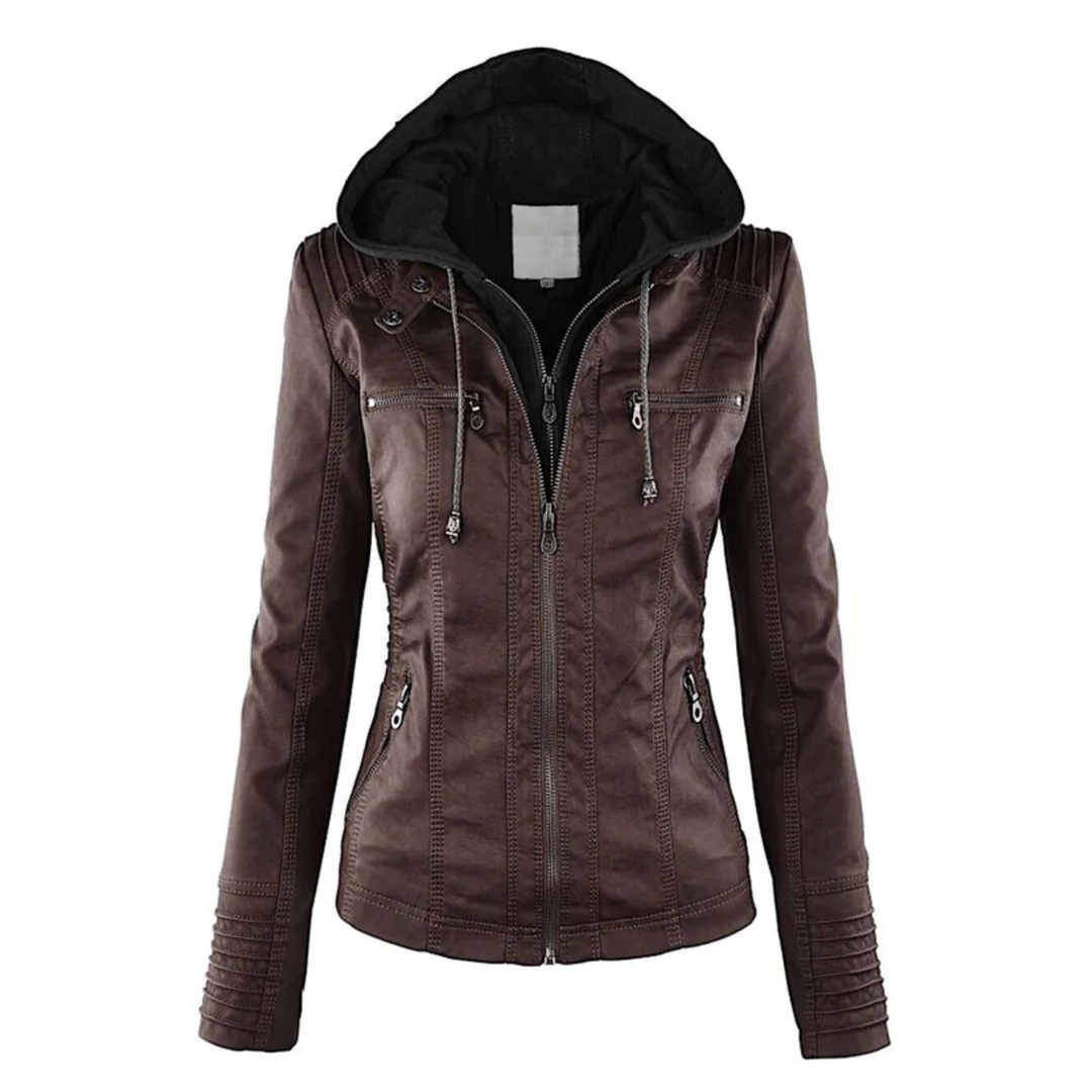 Elegant women's hooded leather jacket. A stylish and versatile casual outer layer for daily wear.