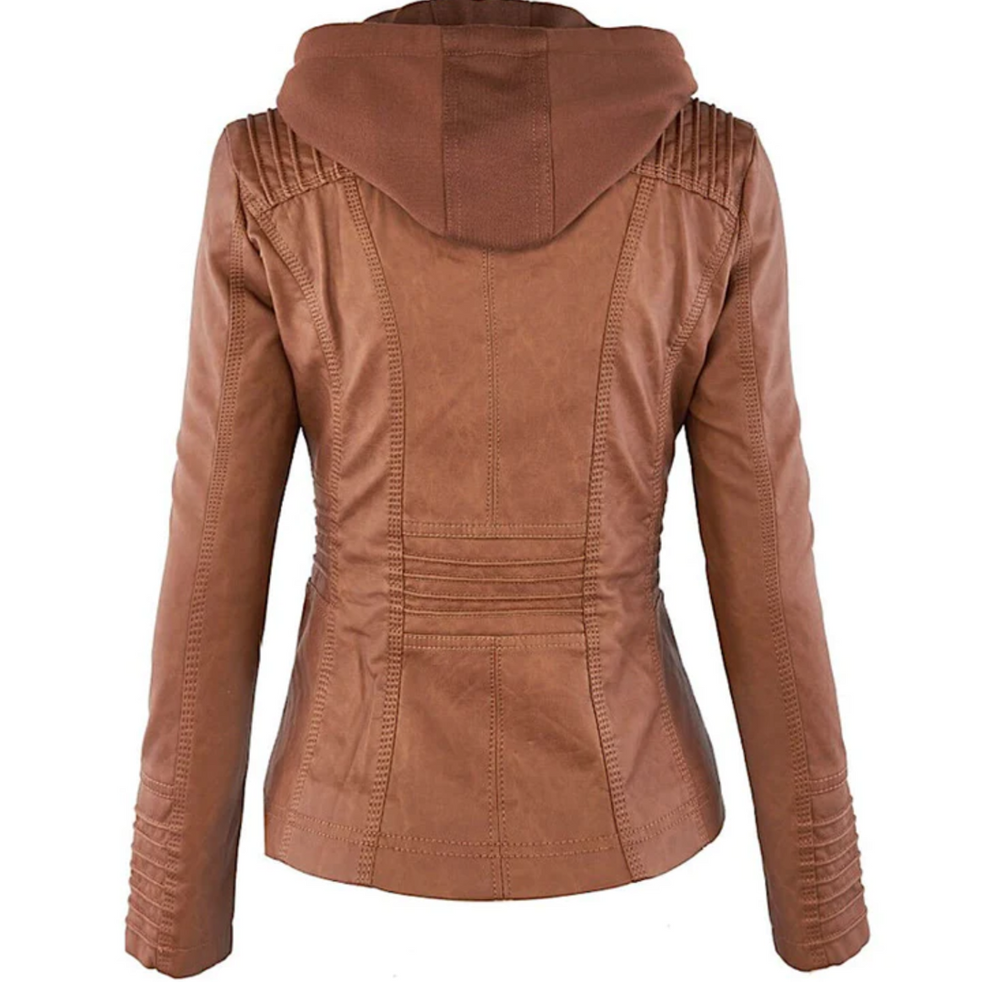 Fashionable women's leather hooded jacket. Ideal for everyday use, offering chic and versatile style.
