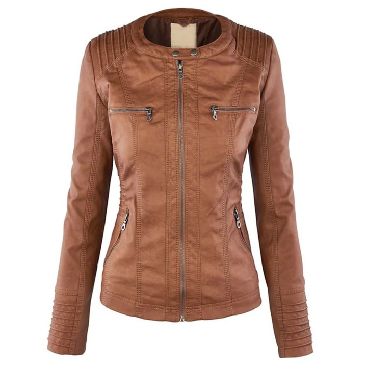 Trendy women's hooded leather jacket, a versatile outer layer for casual and stylish everyday outfits.