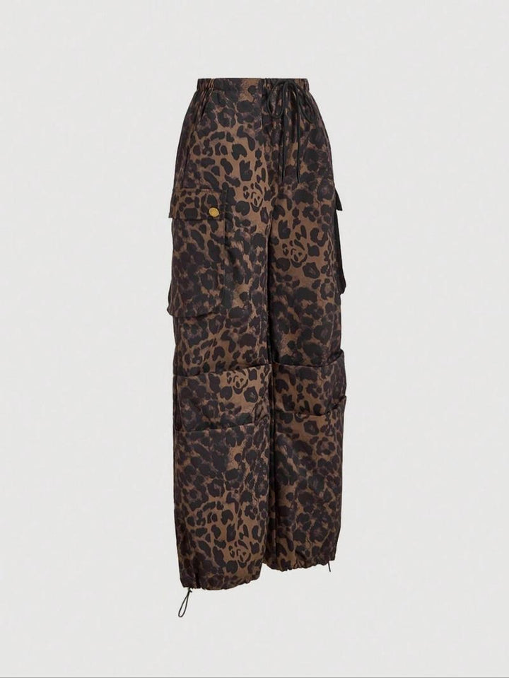 Women's stylish leopard print cargo trousers with a relaxed, wide-leg fit for trendy street style.
