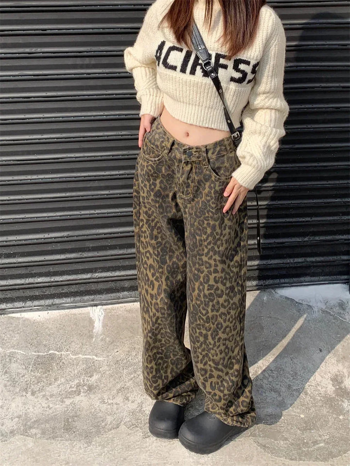 Casual women's leopard print jeans, offering a bold and stylish animal print look in comfortable denim.