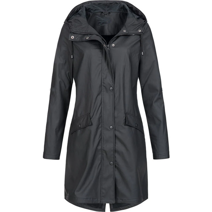 Ladies' lightweight waterproof long raincoat with hood, perfect for outdoor activities & staying dry in style.