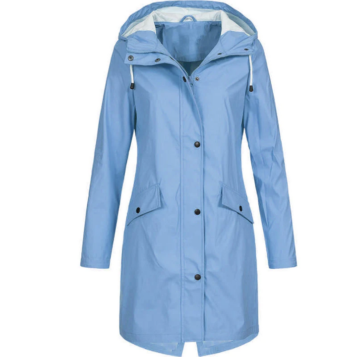 Protective women's long hooded raincoat, waterproof and windproof, designed for stylish all-weather outdoor comfort.