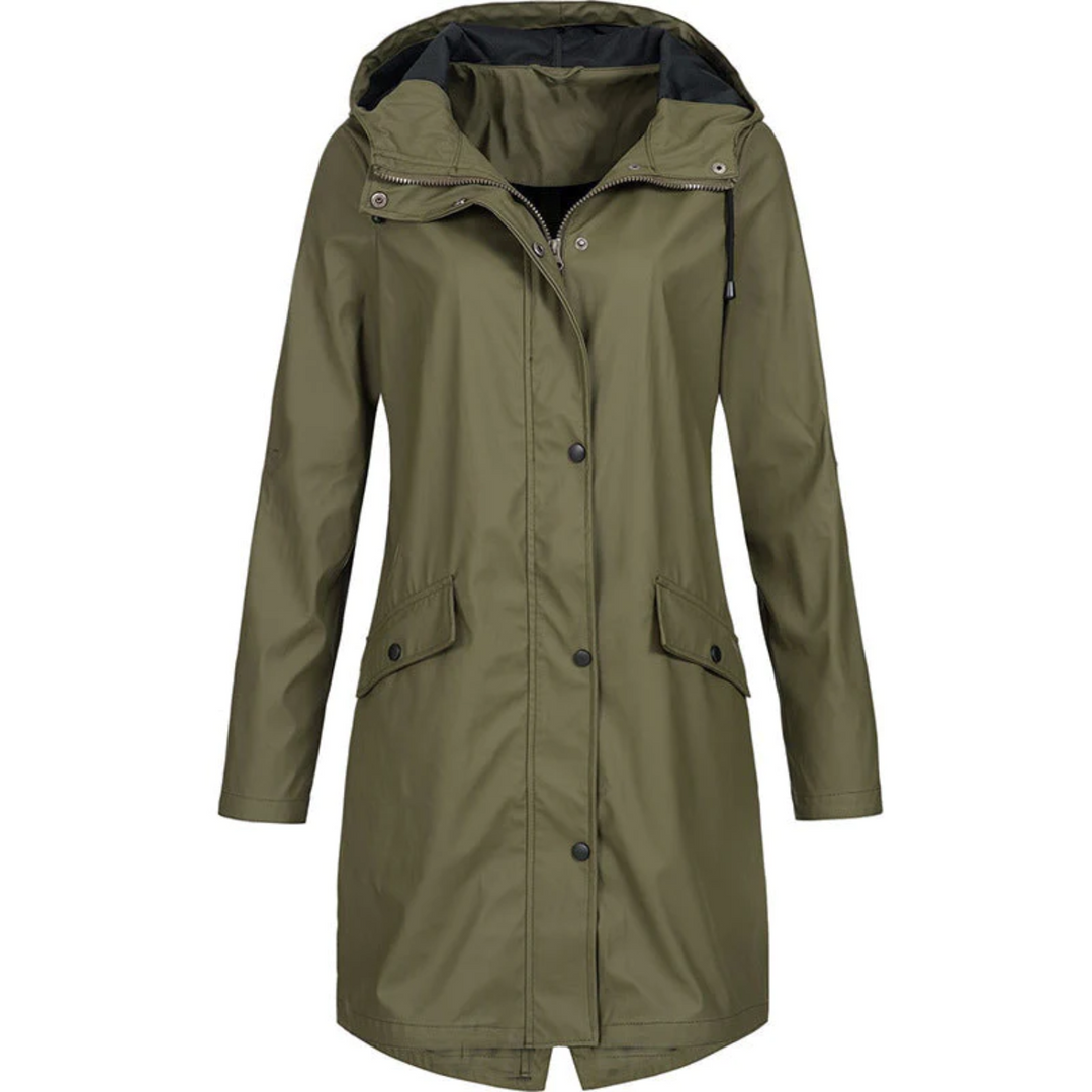 Colorful women's long hooded waterproof rain jacket, lightweight & protective for outdoor fashion. Stay dry in style.