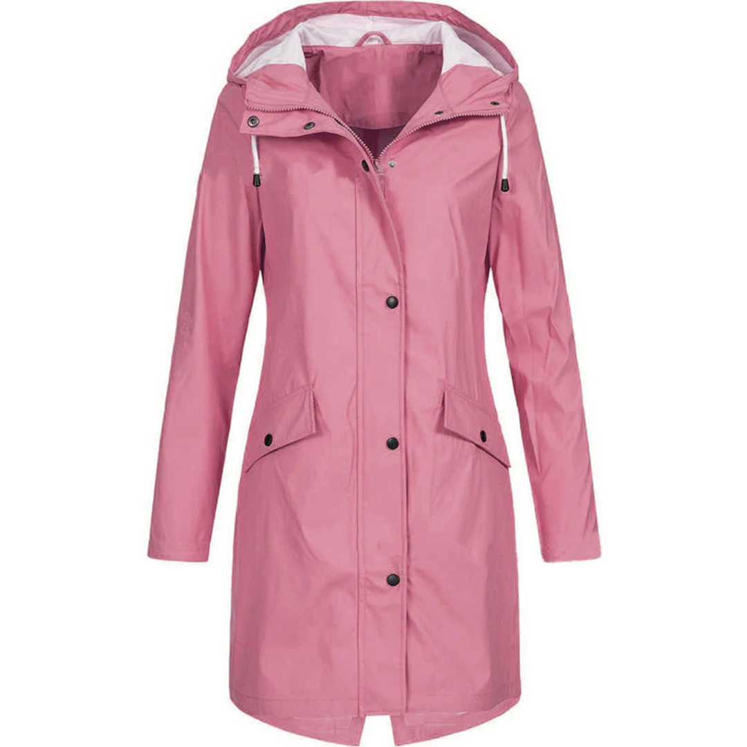 Women's all-weather long hooded raincoat, waterproof for ultimate protection. Stylish & lightweight rain jacket for ladies.