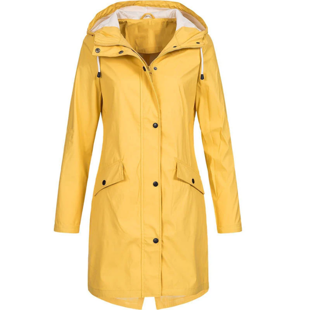 Long hooded women's waterproof raincoat. A stylish, lightweight rain jacket providing excellent outdoor protection.