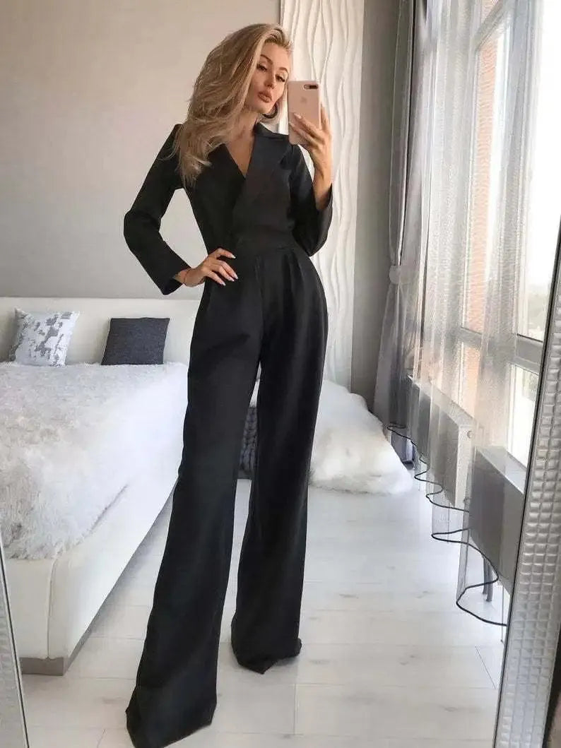 Women's stylish long sleeve jumpsuit, black, straight leg. Perfect for chic evening or comfortable office wear.