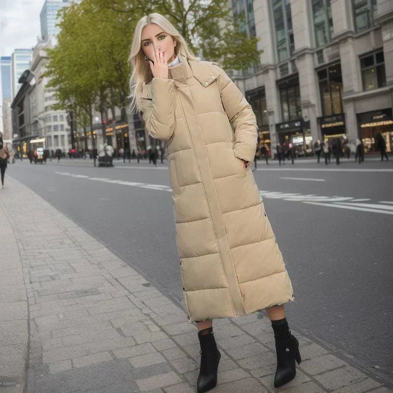 Elegant women's long winter coat, featuring a modern cut for ladies' outerwear.