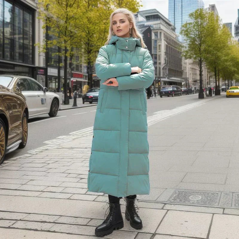 Ladies' stylish long winter coat, designed for cozy comfort & elegant appearance.