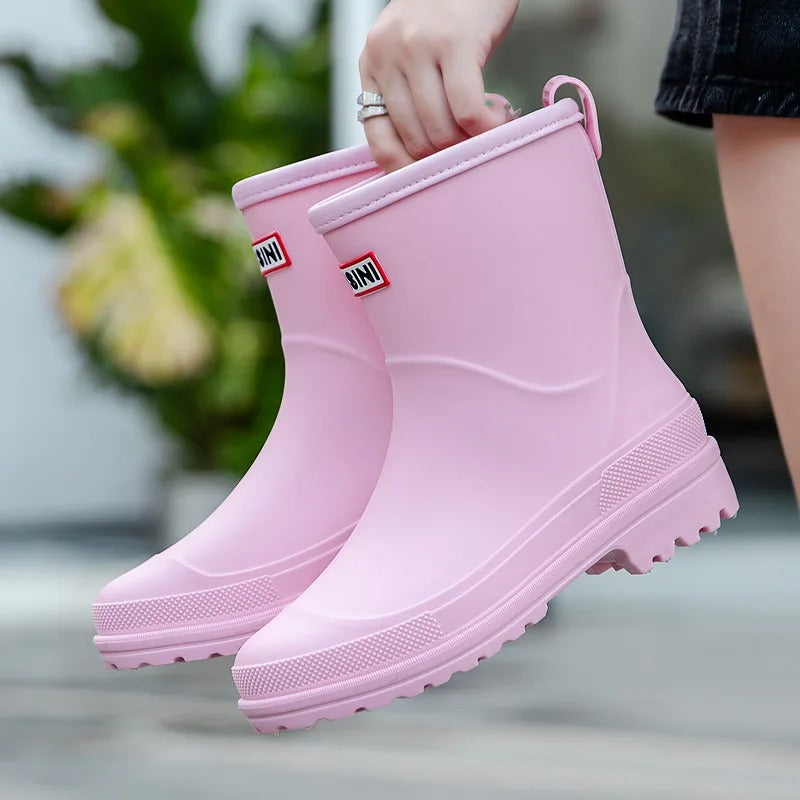 Comfortable slip-on mid-calf rain boots for women. Waterproof, stylish & casual footwear.