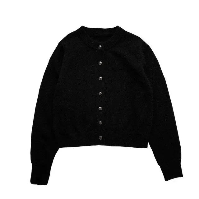 Chic women's o-neck knitted sweater cardigan, a stylish and warm layering piece for cooler seasons.