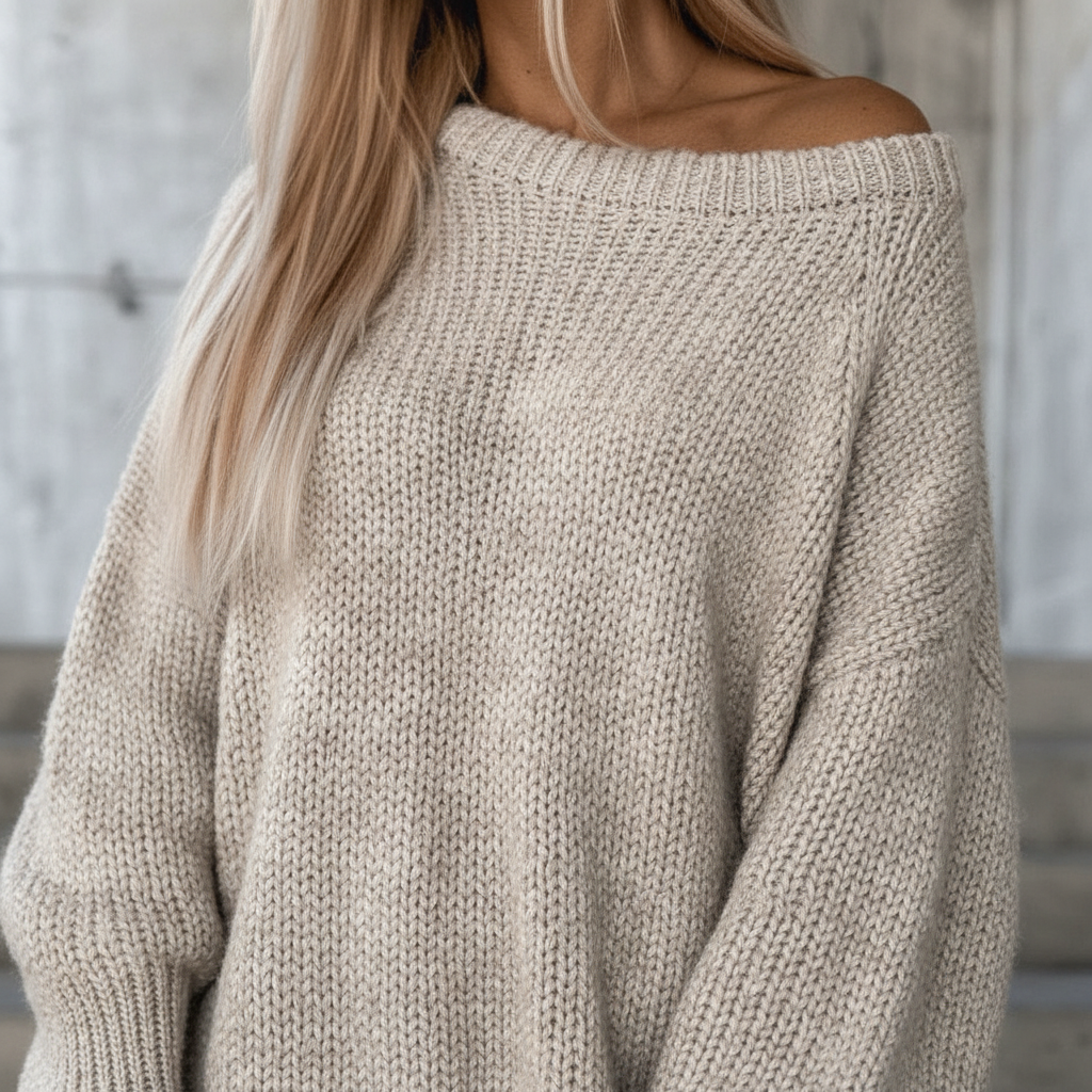 Close-up of women's off-shoulder knitted jumper, showcasing the stylish knitwear texture