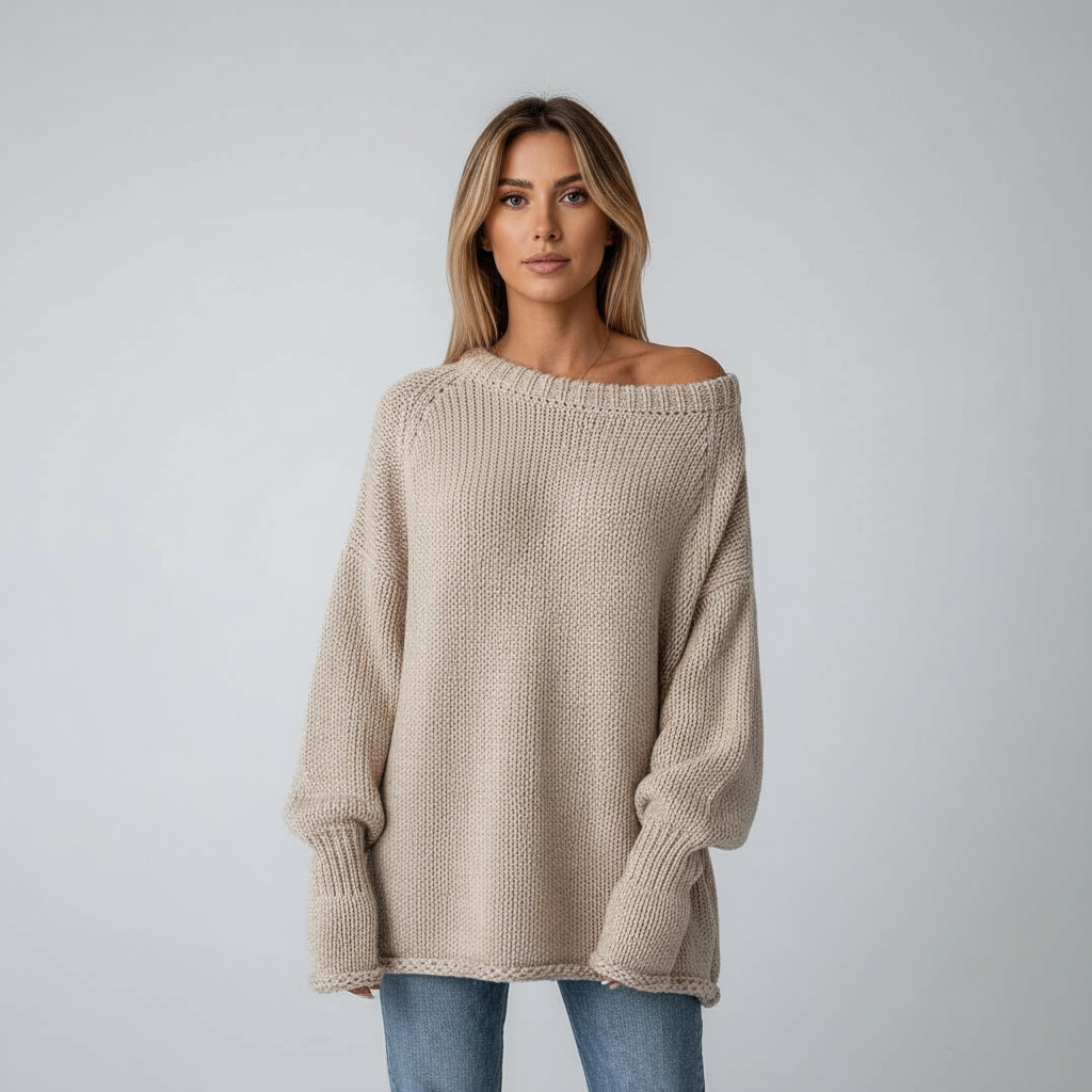 Elegant women's off-shoulder knitted jumper, a versatile warm top for various occasions