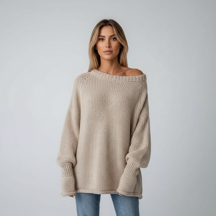 Elegant women's off-shoulder knitted jumper, a versatile warm top for various occasions