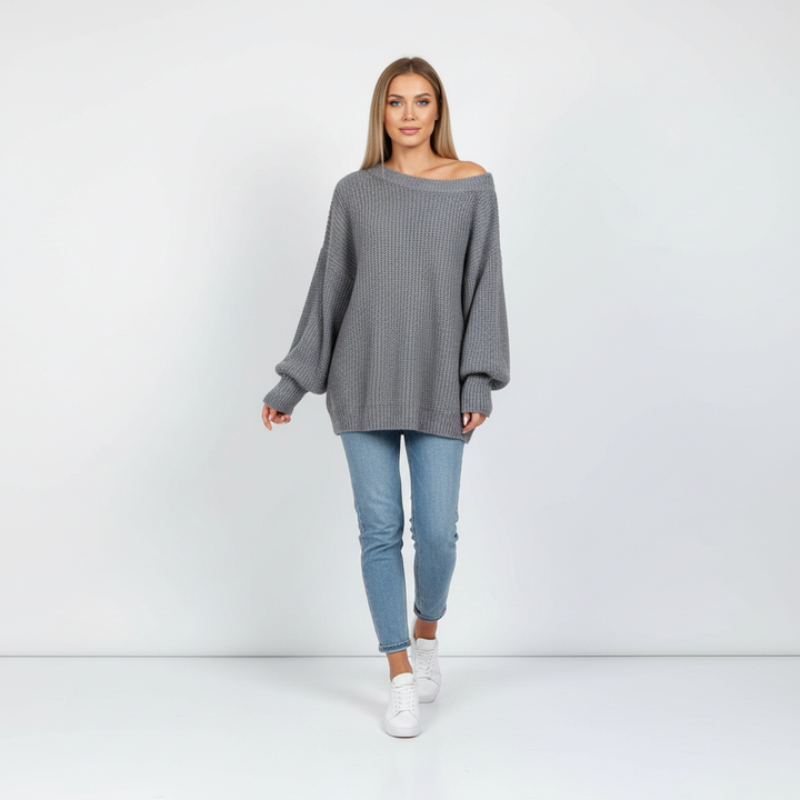 Stylish Marina knitted jumper, an off-shoulder top designed for comfort and modern aesthetic