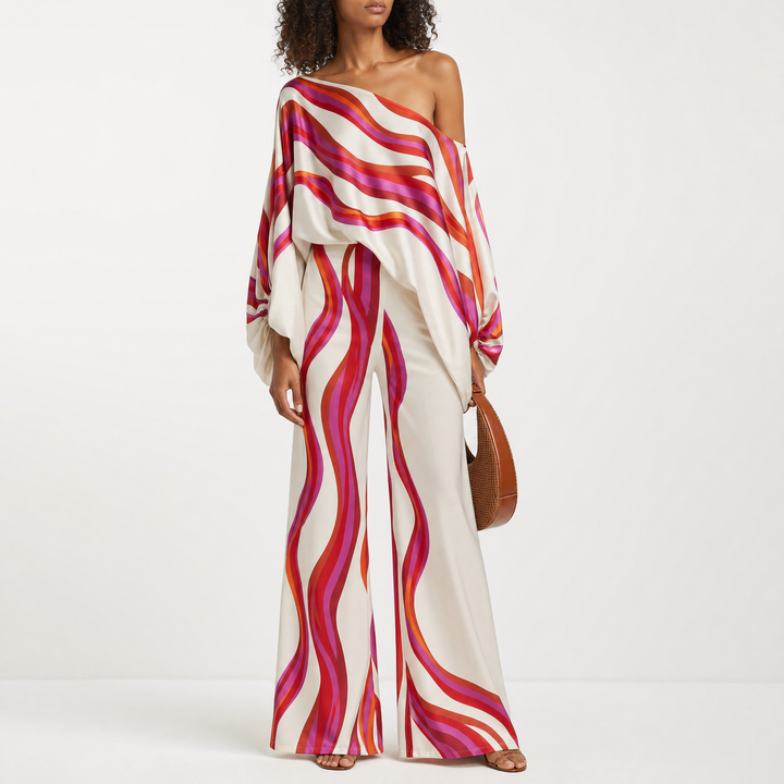 Plus size women's off-shoulder lantern sleeve two-piece set. Stylish printed top & shorts, ideal for summer vacation.