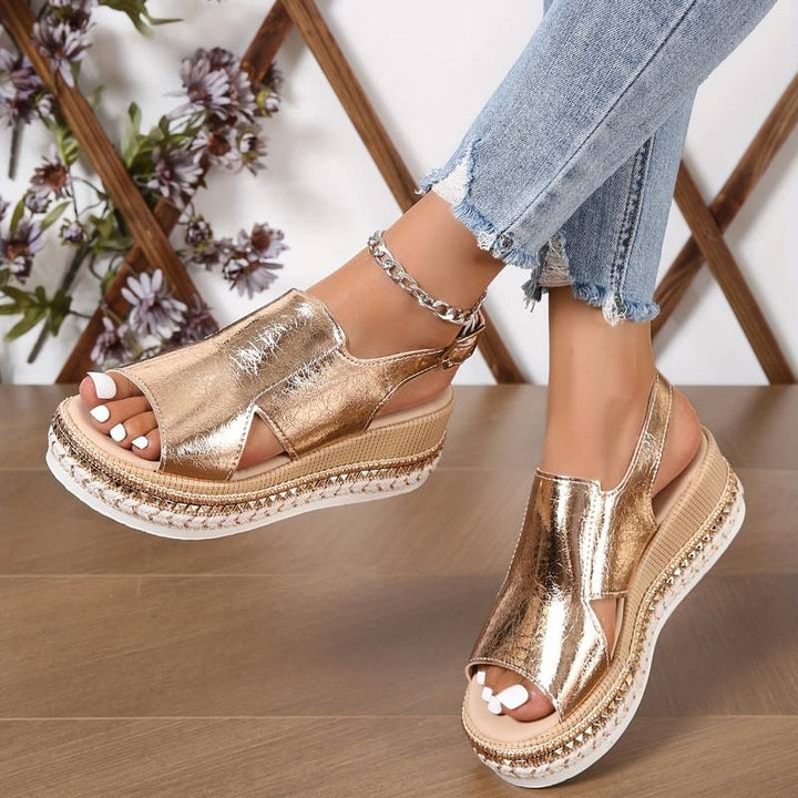 Women's stylish orthopedic wedge sandals with playful fringe, offering comfort & support for summer.